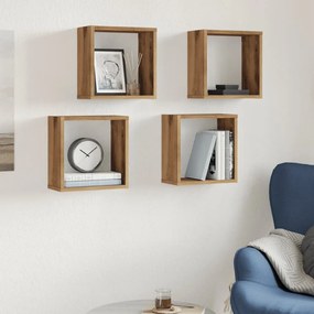 4 db kézműves tölgyszínű szerelt fa fali kockapolc 30x15x30 cm