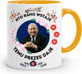 Sárga Vicces Bögre Jaroslaw Kaczynski felirattal, fényképpel