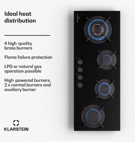 Klarstein Goldflame 4 Slim, gáz főzőlap, 4 égő, önálló, földgáz/propán, rozsdamentes acél