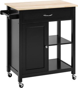 HOMCOM Fából készült Konyhai Kocsi Fiókkal, Szekrénnyel és Polcokkal, Kerekes Tálca 83x45x88cm, Fekete | Aosom