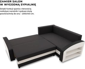 Grande sarokkanapé polcokkal , polc a jobb karfaban, jobboldali, szövet anyag, hab töltet, fekete - fehér