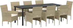 vidaXL Kert étkező szett párnával 9 pcs Bézs polirattan