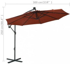 terracotta színű konzolos napernyő LED-fényekkel és acél rúddal