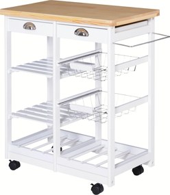 HOMCOM Többfunkciós Konyhai Kocsi 2 Fiókkal, 6 Üveg Tartóval, 2 Oldalsó Polccal és 2 Kosárral, Fenyőfából, 74x37x76 cm, Fehér | Aosom