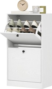 HOMCOM Keskeny Cipőszekrény 2 Lehajtható Ajtóval Cipő Szervező Előszobába Állítható Polcokkal 8 Pár Cipőnek Keskeny Közlekedőkbe 47x26x85 cm Fehér Mív