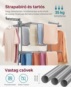 SONGMICS 4 szintes összecsukható ruhaszárító állvány, 3 szárítószinttel, cipőtartóval és görgőkkel, 126 x 64 x 172 cm, max. 35 kg, szürke