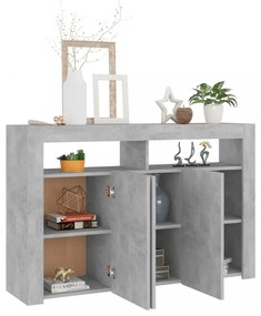 betonszürke tálalószekrény LED-világítással 115,5 x 30 x 75 cm
