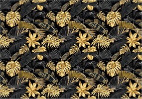 Fotótapéta Arany pálmafák monstery levelek fekete alapon vinil 254x184 +ragasztó