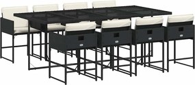 vidaXL 9 részes fekete polyrattan kerti étkezőgarnitúra párnákkal