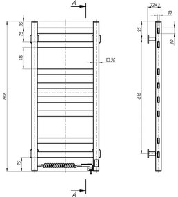 AVANGARD fürdőszobai törölközőszárító radiátor termosztáttal 251W/230V 80,6 cm IP44 fehér, bal oldali