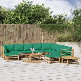 vidaXL 12 részes bambusz kerti ülőgarnitúra zöld párnákkal