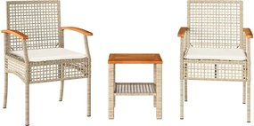 vidaXL 3 részes bézs polyrattan és akácfa bisztrószett párnákkal