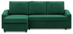 Zeus sarokkanapé, 2 ágyneműtartóval, döntött kartámasz, bársony, univerzális oldal, hab töltet, zöld