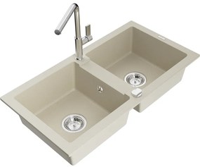 Mexen Mario, 2-kamrás gránit mosogató 820x436x161 mm és Flora mosogató csaptelep, bézs, 6504-69-670401-00
