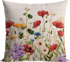 Bézs díszpárna virág és virágos rét motívummal, 40x40 cm