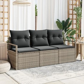 3 részes kert kanapé szett párnákkal, szürke poli rattan, 2-személyes kert kanapé párnákkal, szürke poli rattan