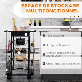 HOMCOM Többfunkciós Konyhai Kocsikocsi Kerekeken 4 Fémből Készült Kosárral, Fiókkal + 4 Palacktartó Fekete Fenyőfából, Fehér Csempézett Felsővel | Aos