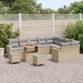 12 darabos Kerti Sofa Szett Párnákkal Bézs Poli Rattan Akácia, 3 darabos Kerti Étkező Szett Párnákkal Bézs Poli Rattan Akácia