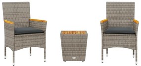 3 részes szürke polyrattan/üveg bisztrógarnitúra párnákkal