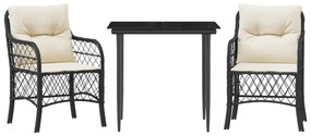 3 részes fekete polyrattan bisztrógarnitúra párnával