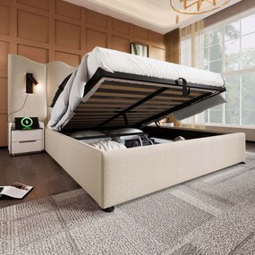 Kárpitozott ágy 160×200 Hidraulikus Led és Usb-c kétszemélyes ágy Bézs