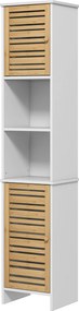 HOMCOM Modern Fürdőszobai Oszlopos Magas Fürdőszobaszekrény Állítható Polcokkal és Stabilitást Növelő Bambusz Ajtóval 35x30x170 cm Fehér és Természete