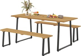 Outsunny 3 részes fa étkezőszett 6 fő részére, étkezőasztal 2 paddal, napernyő lyukkal, fa konyhai asztal balkon bútor szett, terasz bútor, természete