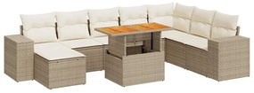 9 részes bézs polyrattan akácfa kerti ülőgarnitúra párnákkal