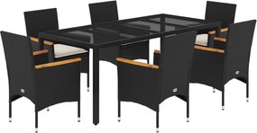 vidaXL 7 részes fekete polyrattan/üveg kerti étkezőgarnitúra párnával