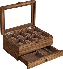 Óradoboz, ekszerdoboz üvegfedéllel, 27 x 13 x 20 cm, rusztikus dió