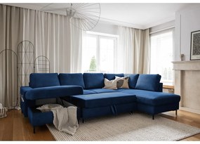 Sötétkék kordbársony kinyitható sarokkanapé (jobb oldali) Lofty Lilly – Miuform