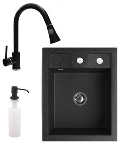 Gránit mosogató NERO Parma + kihúzható zuhanyfejes Snake csaptelep + adagoló + szifon (fekete)