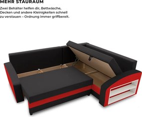 Grande sarokkanapé polcokkal , polc a jobb karfaban, jobboldali, szövet anyag, hab töltet, fekete - piros