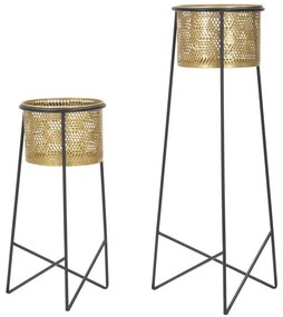 Szögletes 2db-os fekete virágtartó állvány szett áttört arany kaspóval ø 37x76-27x51cm