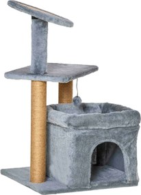 PawHut Macska Kaparófája Jutából Készült Oszlopokkal, Házzal és Párnával, Plüss Borítással, Magasság 84cm, Szürke | Aosom