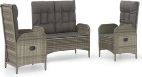 vidaXL 3 részes szürke polyrattan kerti étkezőgarnitúra párnával