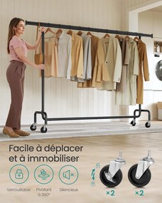 Ruhatartó állvány kerekekkel, extra hosszú,hordozható, fekete