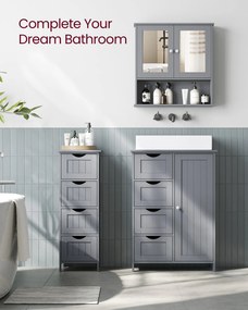 Fali fürdőszekrény tükörrel, 2 ajtós rekesszel, állítható polccal, szürke