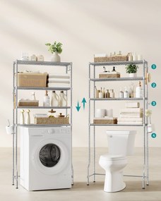 4 szintes tároló a WC felett, fém tároló állvány, állítható polcok, 4 kampó, ezüstszürke