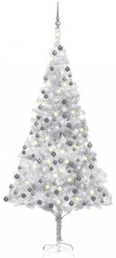 Ezüstszínű PET műkarácsonyfa LED-ekkel és gömbökkel 240 cm