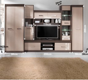 Nappali szekrénysor, DTD/MDF, világos tölgy/sötét tölgy, KORINA