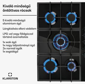 Klarstein Ignito 5, gázfőzőlap, 5 Sabaf égő, üvegkerámia, fekete