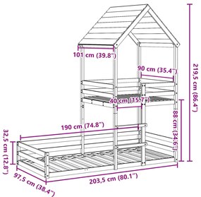 viaszbarna tömör fenyőfa ágy emelettel és tetővel 90 x 190 cm