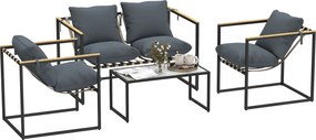 Outsunny Acél Kerti Bútor Szett 4 Fő Részére Időjárásálló Erkély Bútor Szett 2 Személyes Kanapéval, 2 Karosszékkel, Ülőpárnákkal, Oldalasztallal, Kült