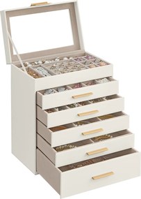 Ékszerdoboz üvegfedéllel, 6 szintes ékszertároló 5 fiókkal, 16,3 x 25,1 x 29 cm, felhőfehér