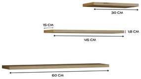 Shannan Tobi 3P fali lebegőpolc (3db), 60x1.8x15 cm, tölgy