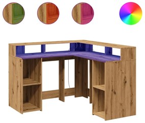 kézműves tölgy színű szerelt fa LED-es íróasztal 130x130x91 cm