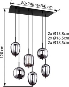 Globo 15345-6 Függeszték matt fekete fém , füstszínű eltérő üveg, magassága lerövidíthető, HxSzxM: 800x340x1200mm, üveg átmérő: 2 x 15,8 cm, 2 x 16,5 cm, 2 x 18,5 cm, nem 6x E14 40W, fényforrás nélkül szállítva szállítva, 230V