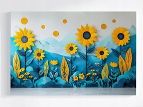 Poszter Tájkép Hegyek Virágok Napraforgók 3D 60x40