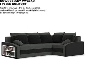 Grande sarokkanapé polcokkal , polc a bal karfaban, jobboldali, szövet anyag, hab töltet, szürke - fekete